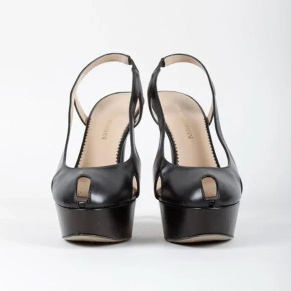 Emporio Armani Black Leather Platform Peep Toe Heels - Picture 2 of 10